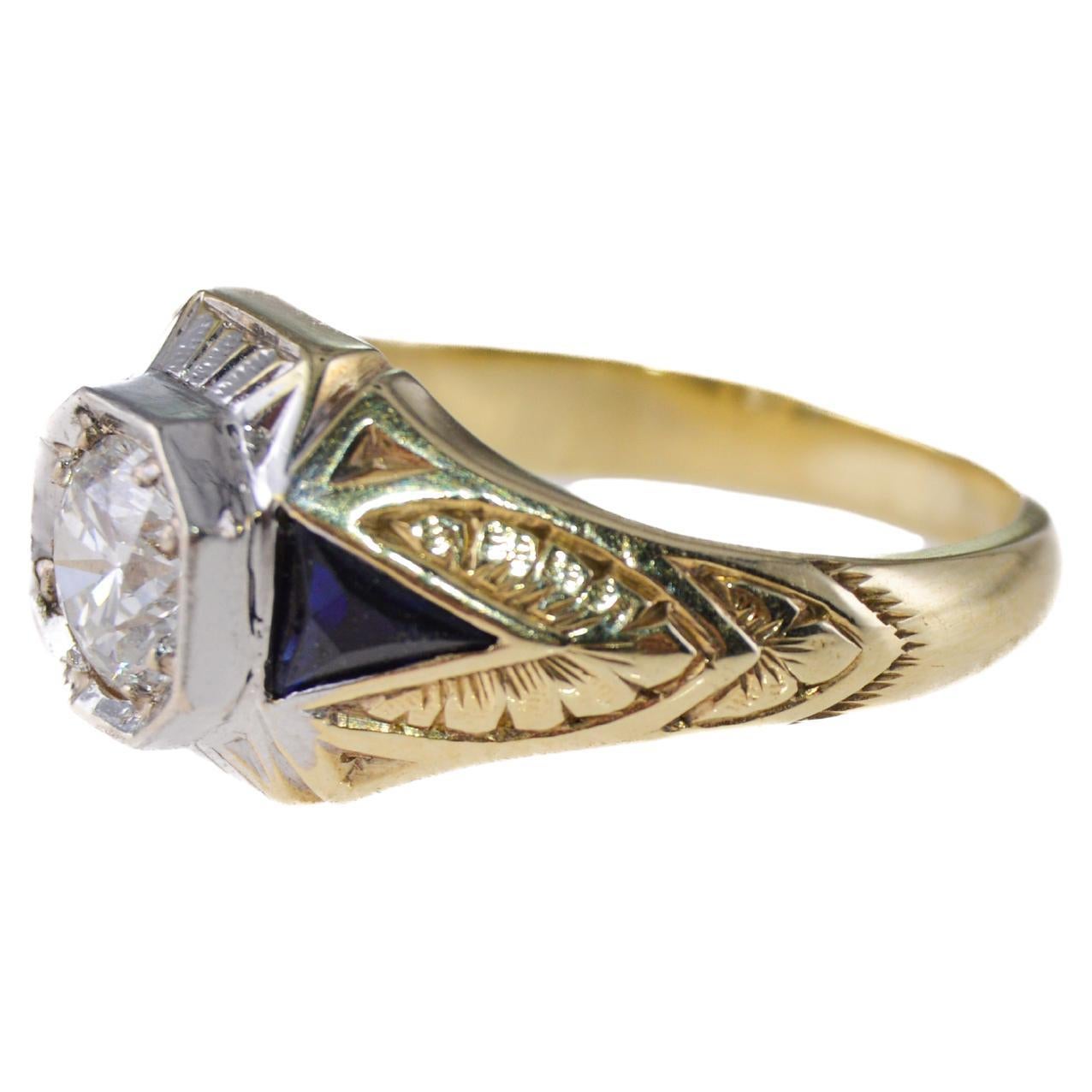Art Deco Diamond Ring Solid 14k Yellow / White Gold Hand Engraved 0.70ct Diamond In Excellent Condition For Sale In Long Beach, CA