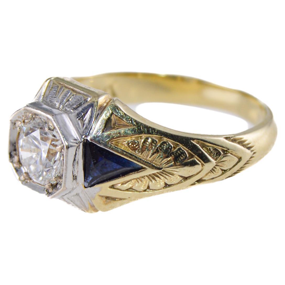Art Deco Diamond Ring Solid 14k Yellow / White Gold Hand Engraved 0.70ct Diamond For Sale 3