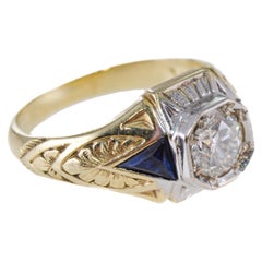 Art Deco Diamantring massiv 14k Gelb / Weißgold Handgravur 0,70ct Diamant