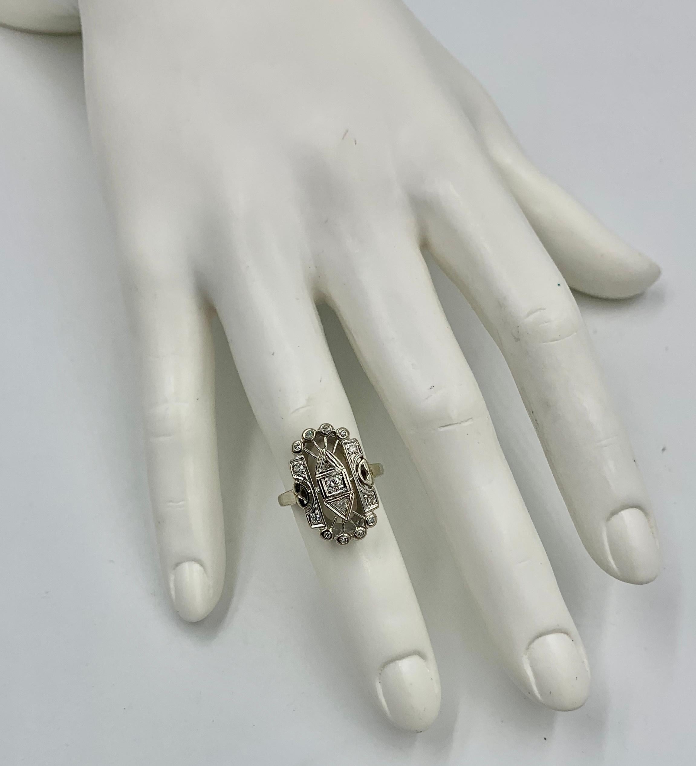 Women's Art Deco Style Diamond Ring Trillion Cut 14 Karat White Gold Engagement Ring For Sale