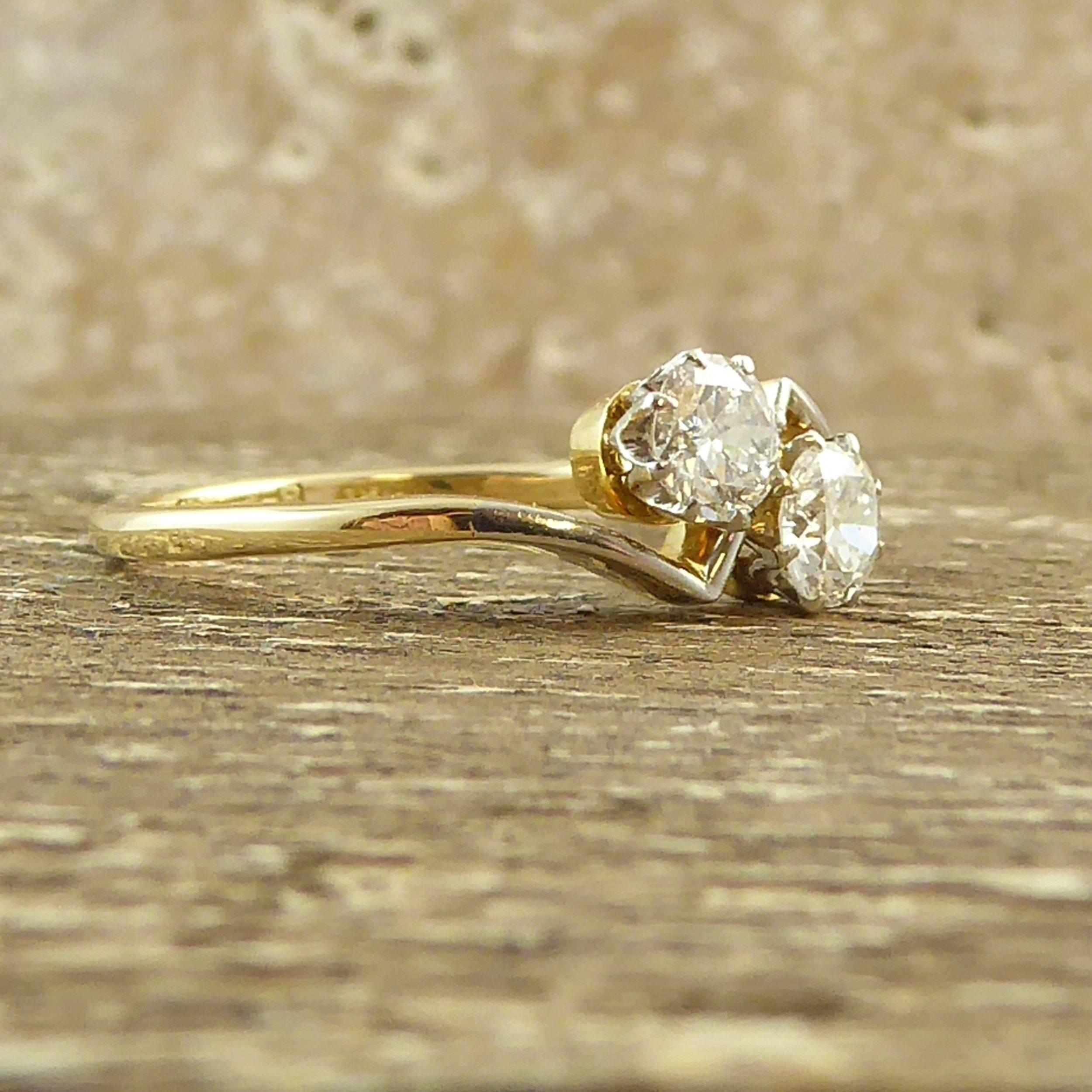 Round Cut Art Deco Diamond Ring, 0.60 Carat Early Brilliant Cut Two-Stone Twist, 18 Carat
