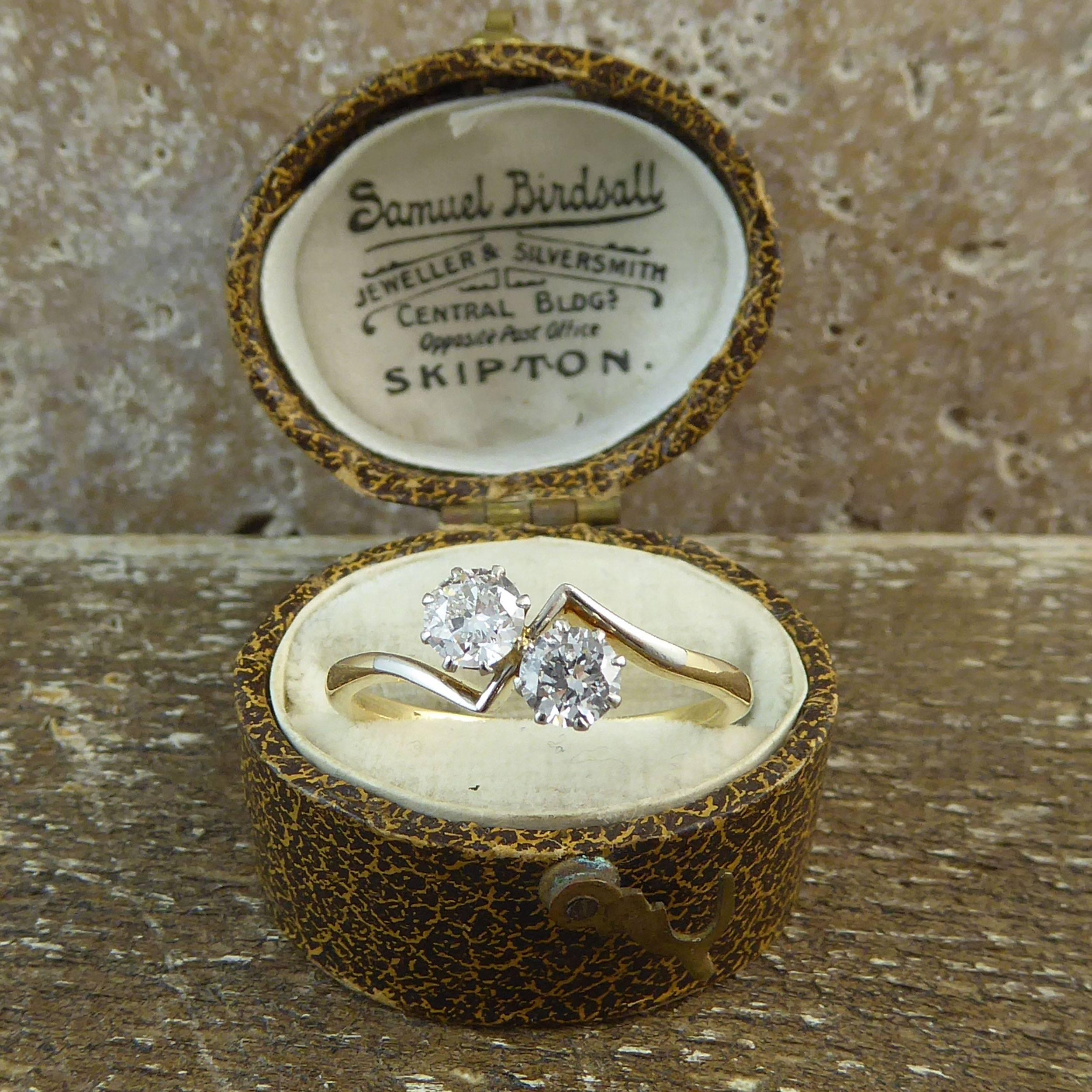 Women's Art Deco Diamond Ring, 0.60 Carat Early Brilliant Cut Two-Stone Twist, 18 Carat