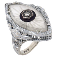Art Deco diamond rock crystal marquise 14k white gold ring