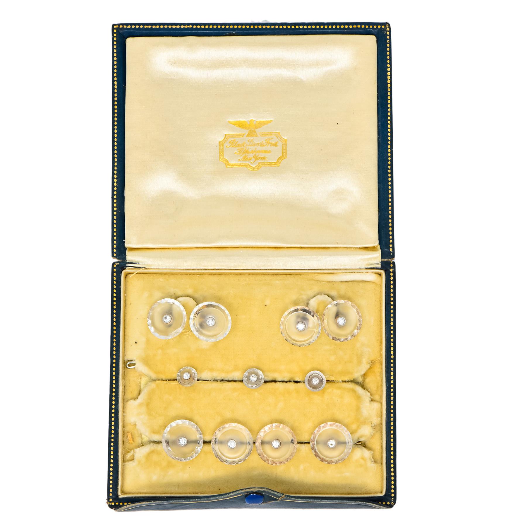 Art Deco Diamond Rock Crystal Men's 14 Karat Gold Cufflink Dress Set 9