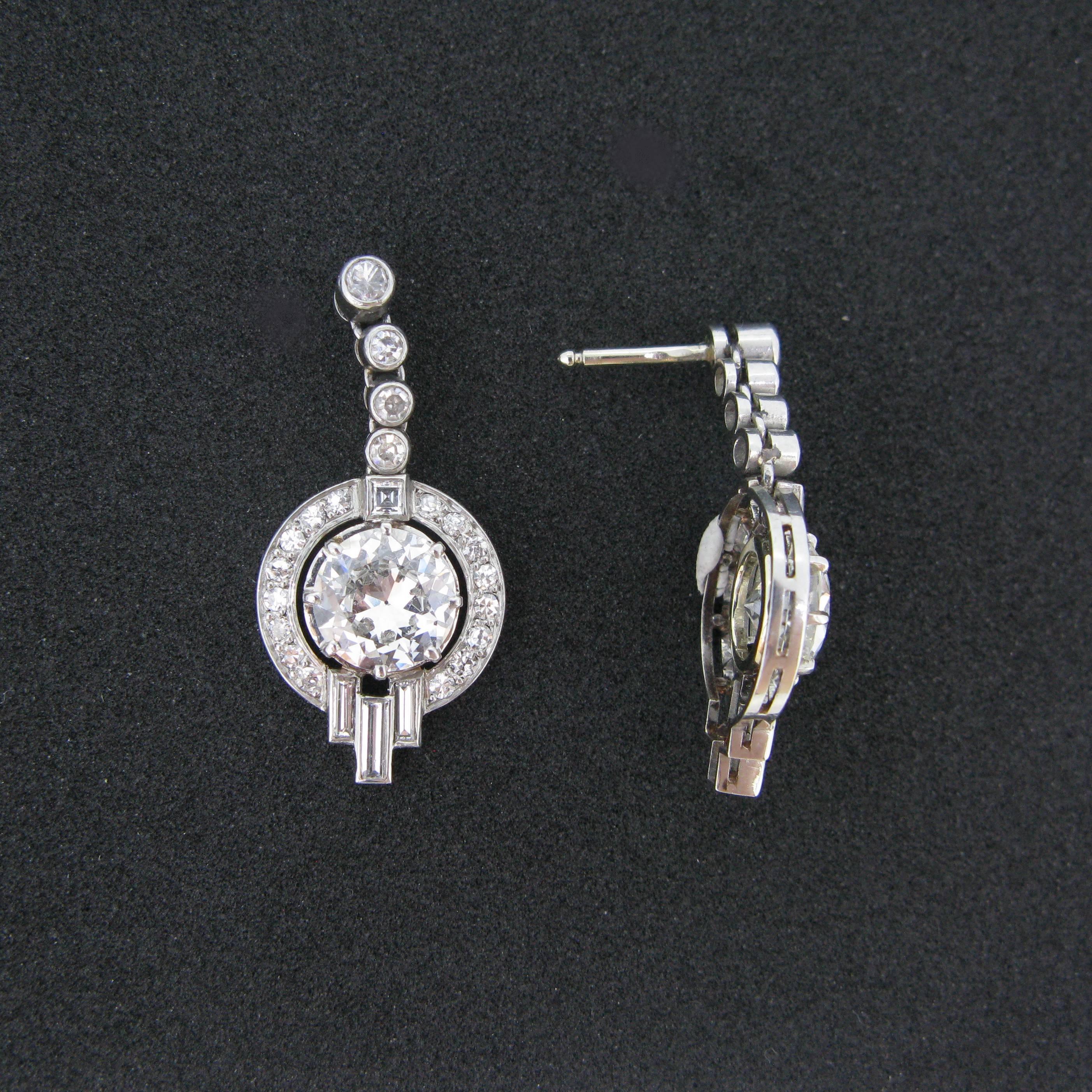 Round Cut Art Deco Diamond Round Baguette Dangle Earrings White Gold and Platinum