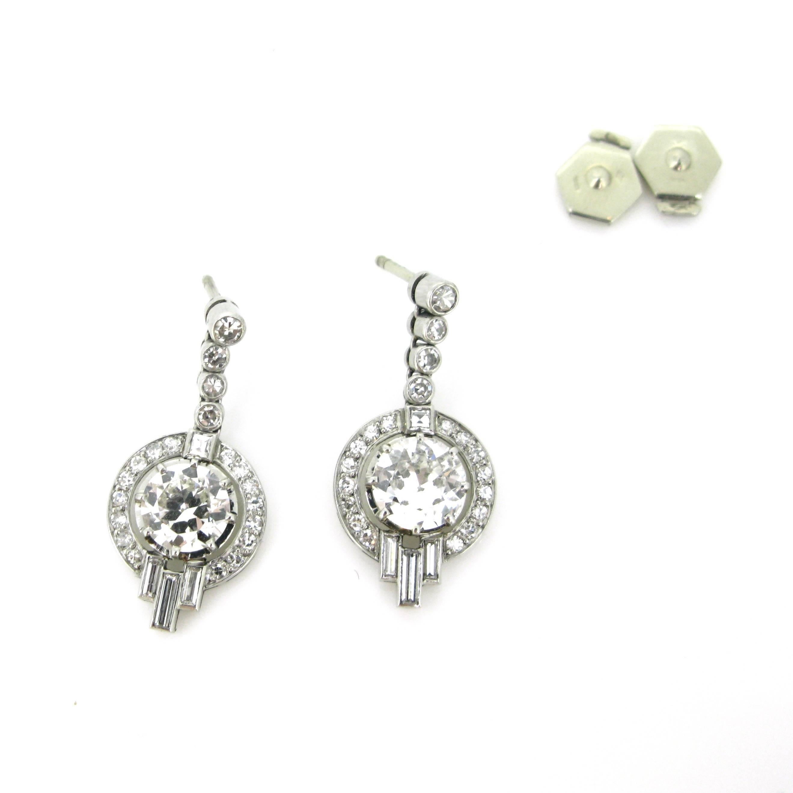 Women's or Men's Art Deco Diamond Round Baguette Dangle Earrings White Gold and Platinum