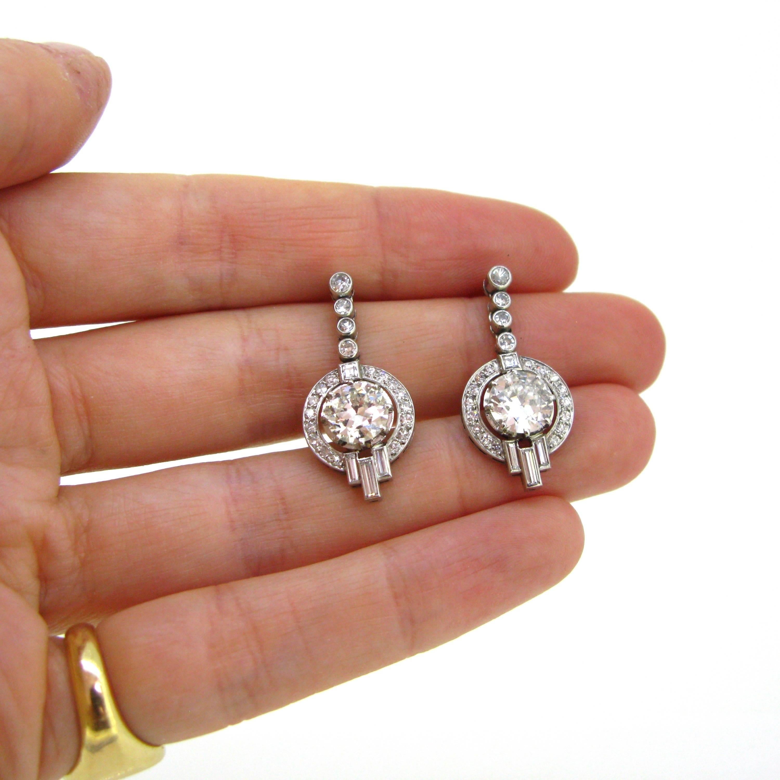 Art Deco Diamond Round Baguette Dangle Earrings White Gold and Platinum 2