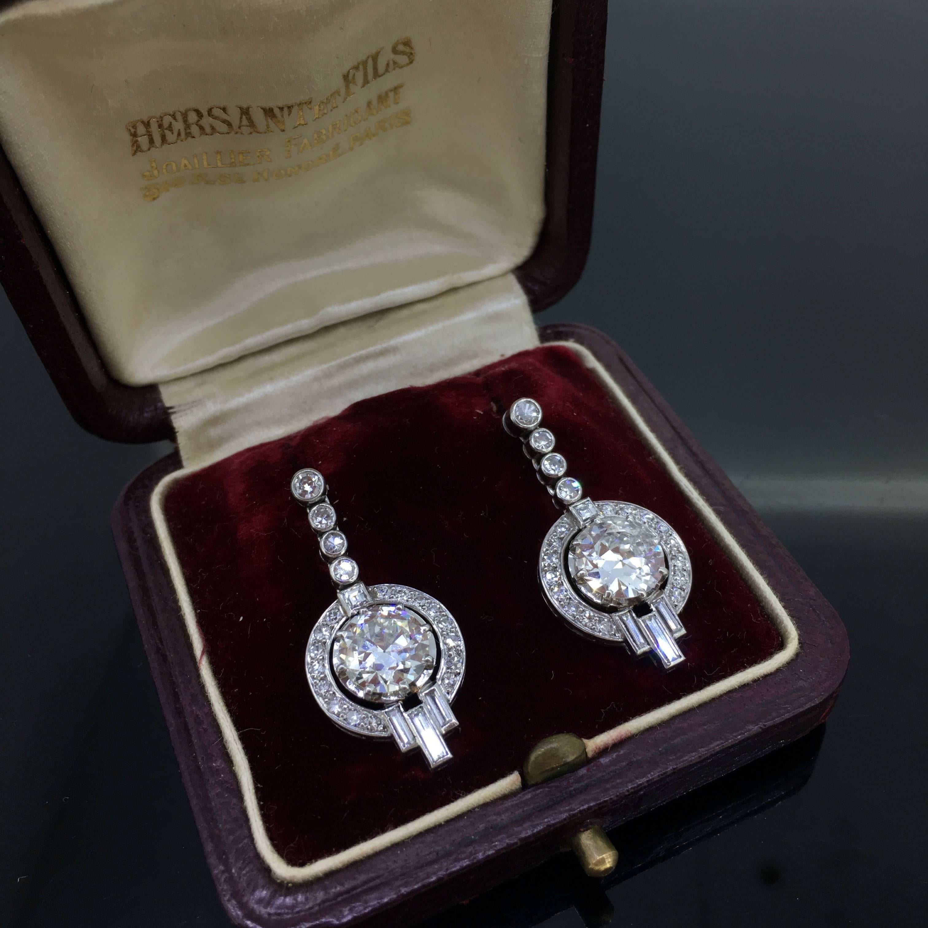 Art Deco Diamond Round Baguette Dangle Earrings White Gold and Platinum 3