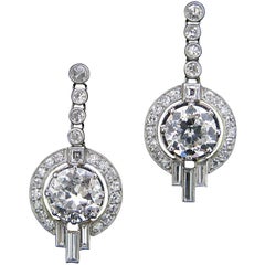 Art Deco Diamond Round Baguette Dangle Earrings White Gold and Platinum