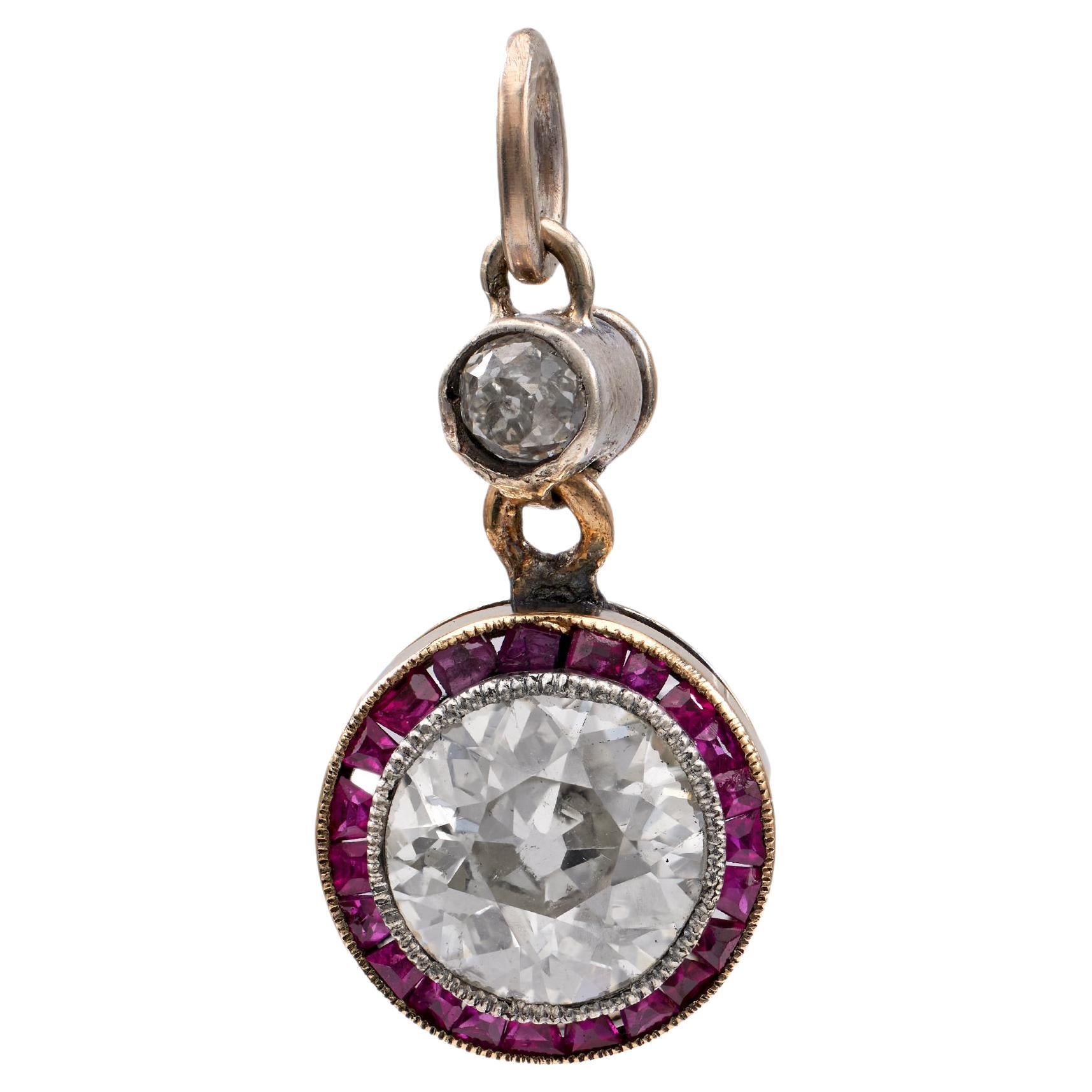 Art Deco Diamond Ruby 14k Yellow Gold Silver Target Pendant