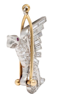 Art-Déco-Anhänger im Vintage-Stil mit Papagei, Diamanten, Rubinen, 18 Karat Gelbgold und Platin