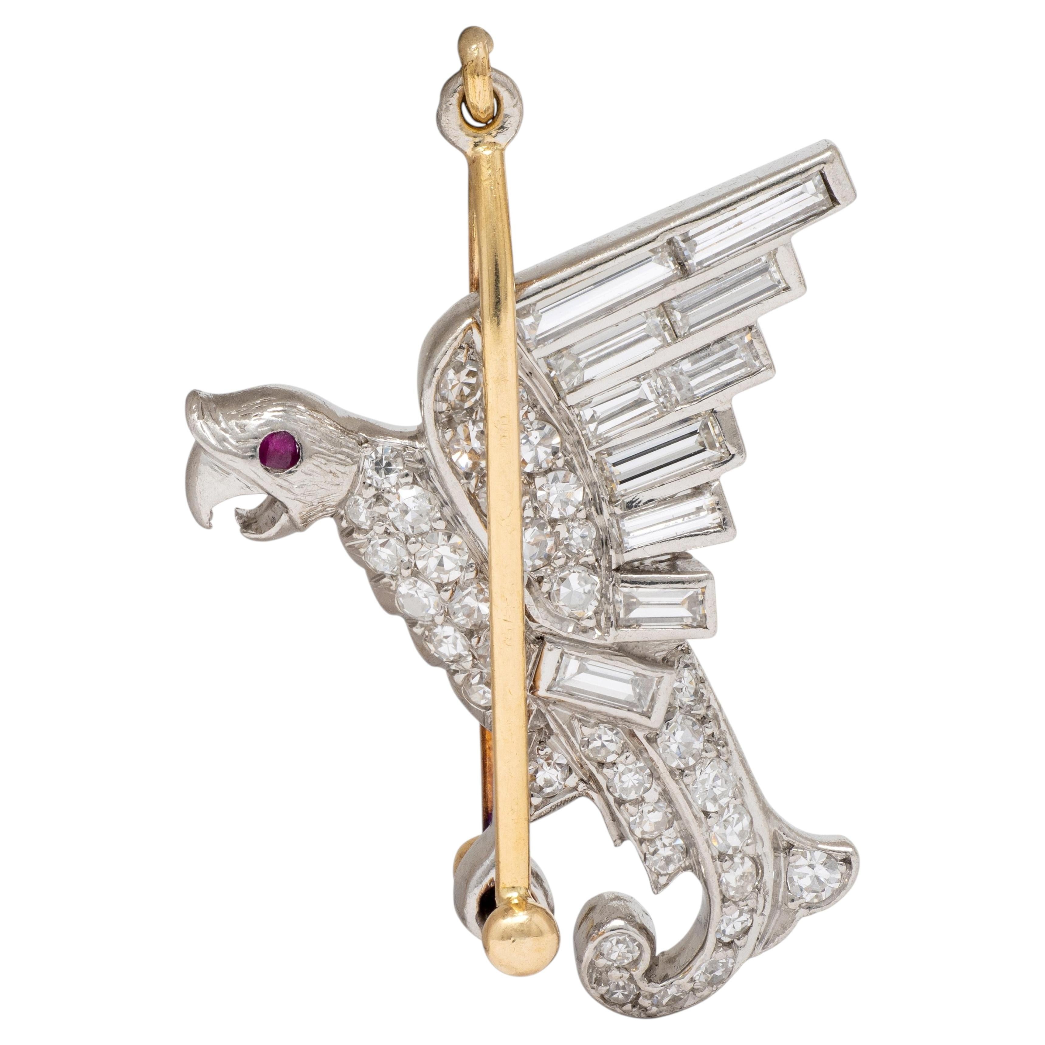 Art Deco Diamond Ruby 18 Karat Yellow Gold Platinum Vintage Parrot Bird Charm For Sale