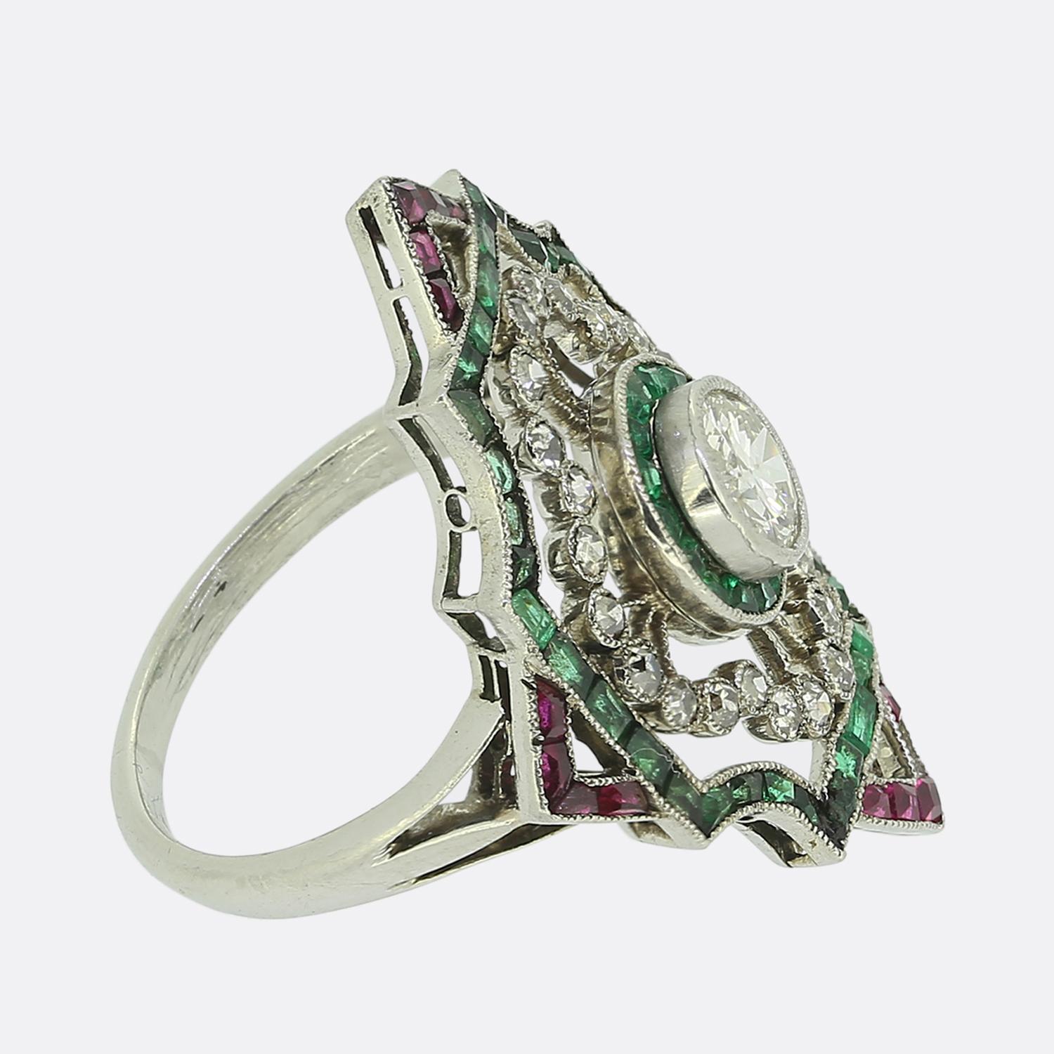 Round Cut Art Deco Diamond Ruby and Emerald Dress Ring For Sale