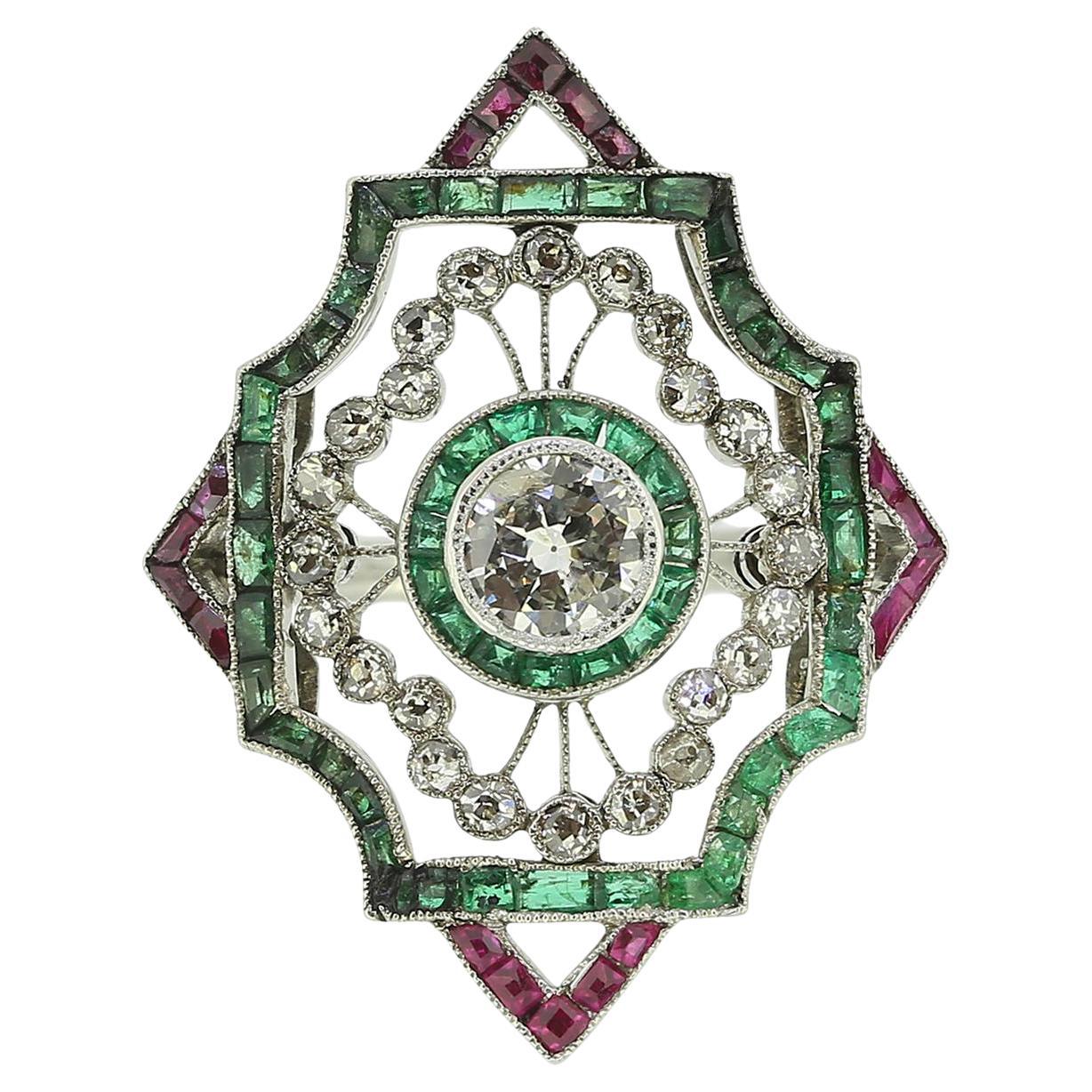 Art Deco Diamond Ruby and Emerald Dress Ring