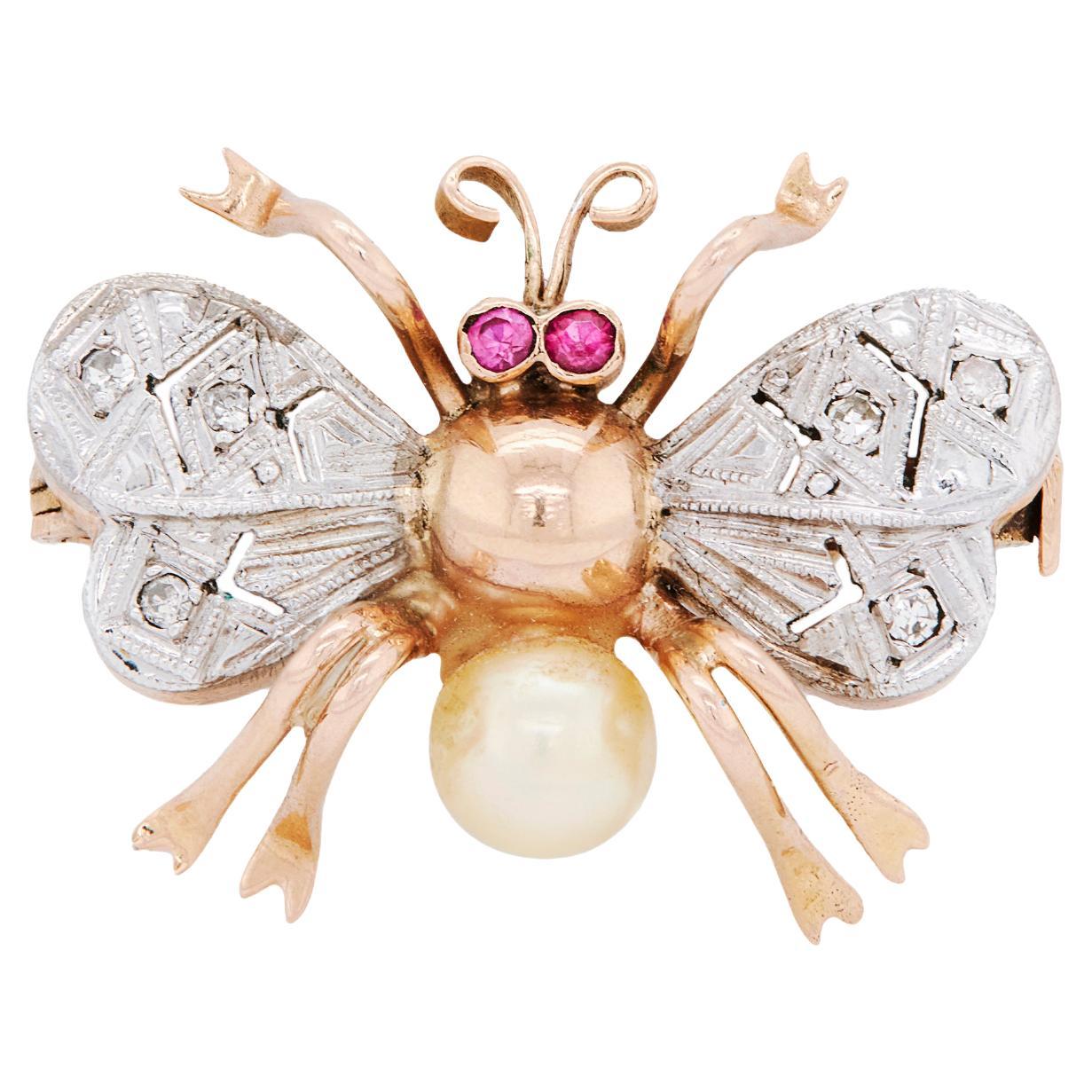 Art Deco Diamond, Ruby and Freshwater Pearl Insect Brooch in 15K Gold, c.1930's