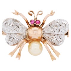 Art Deco Diamond, Ruby and Freshwater Pearl Insect Brooch in 15K Gold, c.1930's
