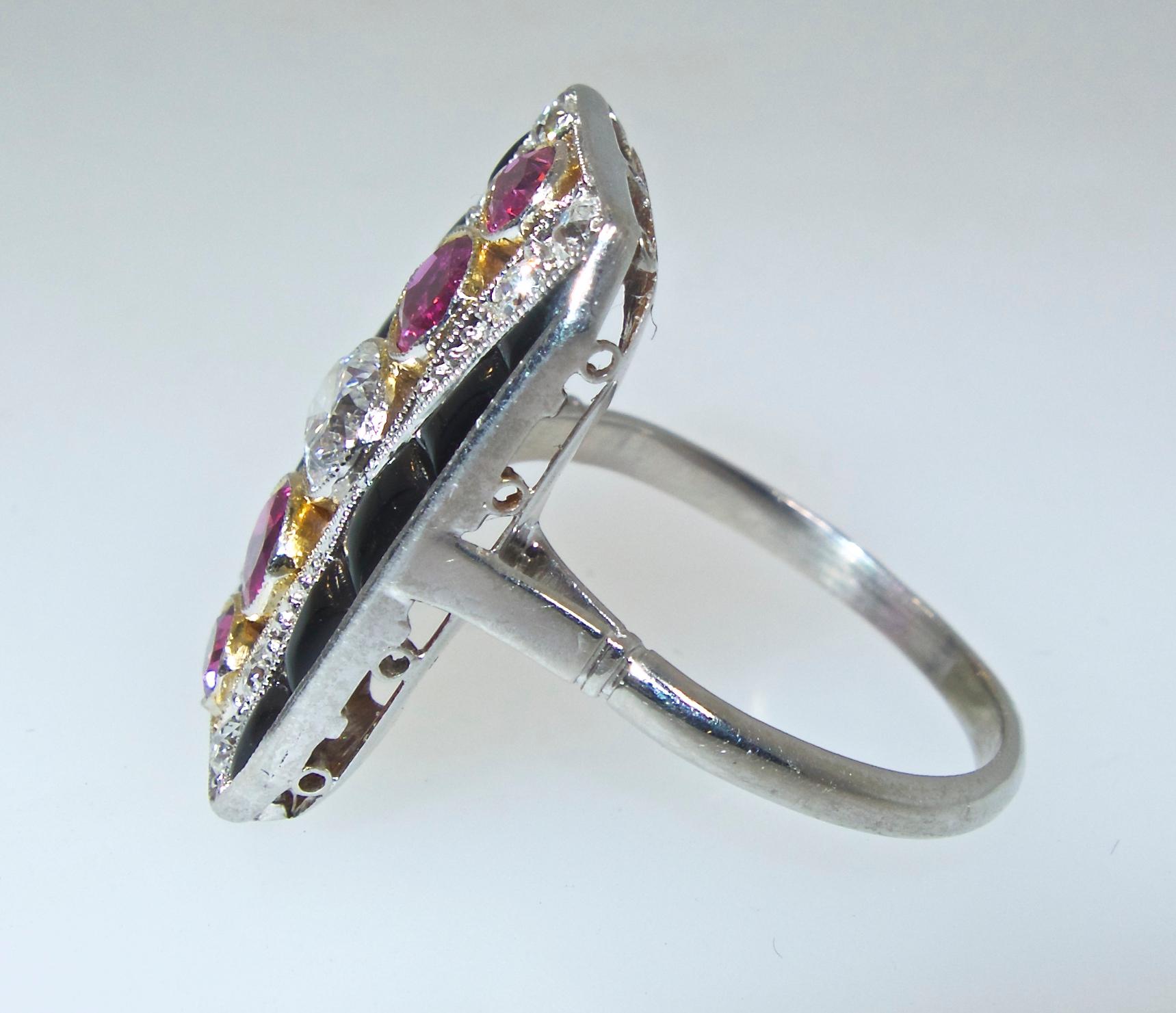 Art Deco Diamond, Ruby and Onyx Ring, circa 1920 In Good Condition In Aspen, CO