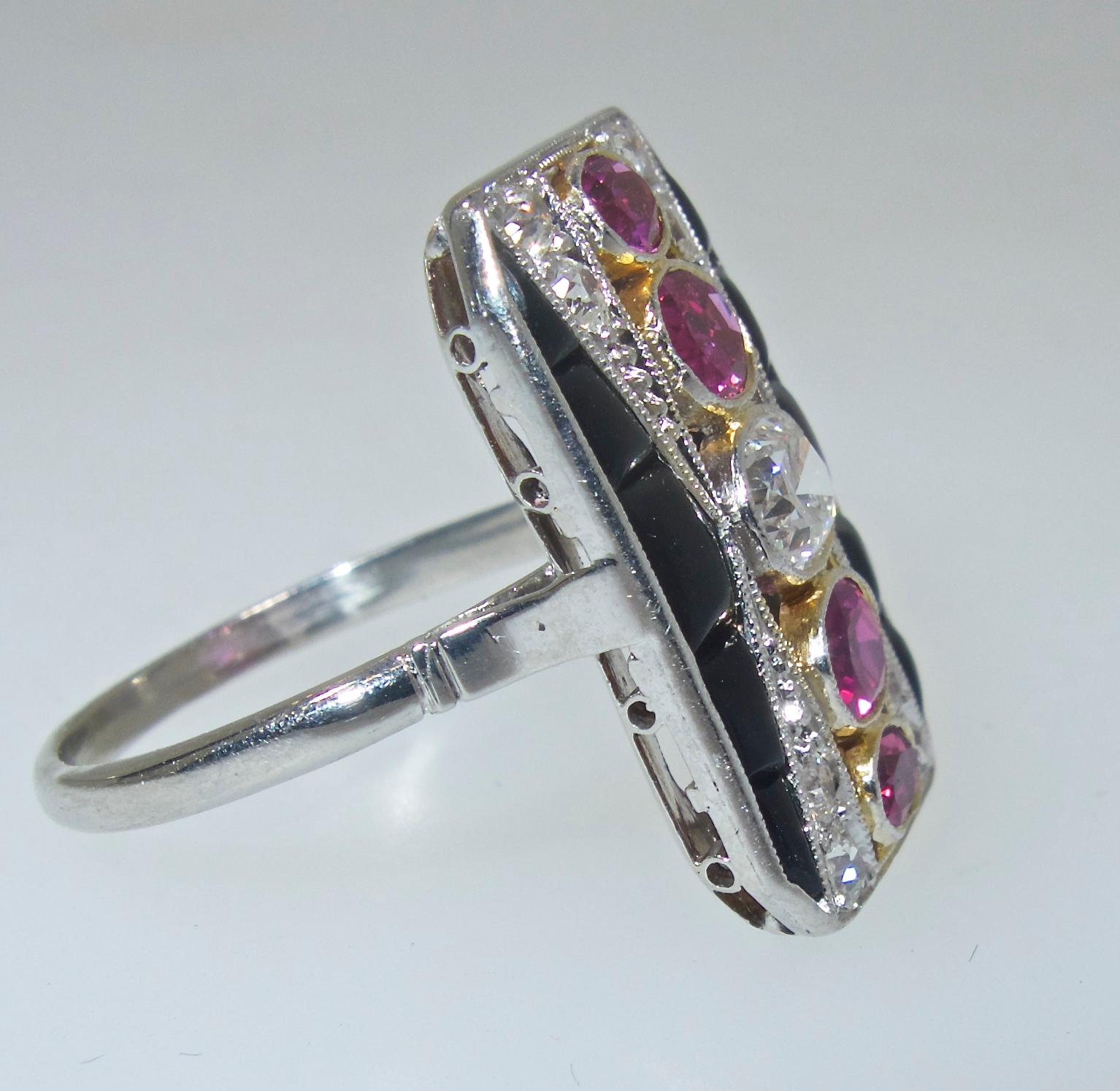 Art Deco Diamond, Ruby and Onyx Ring, circa 1920 1