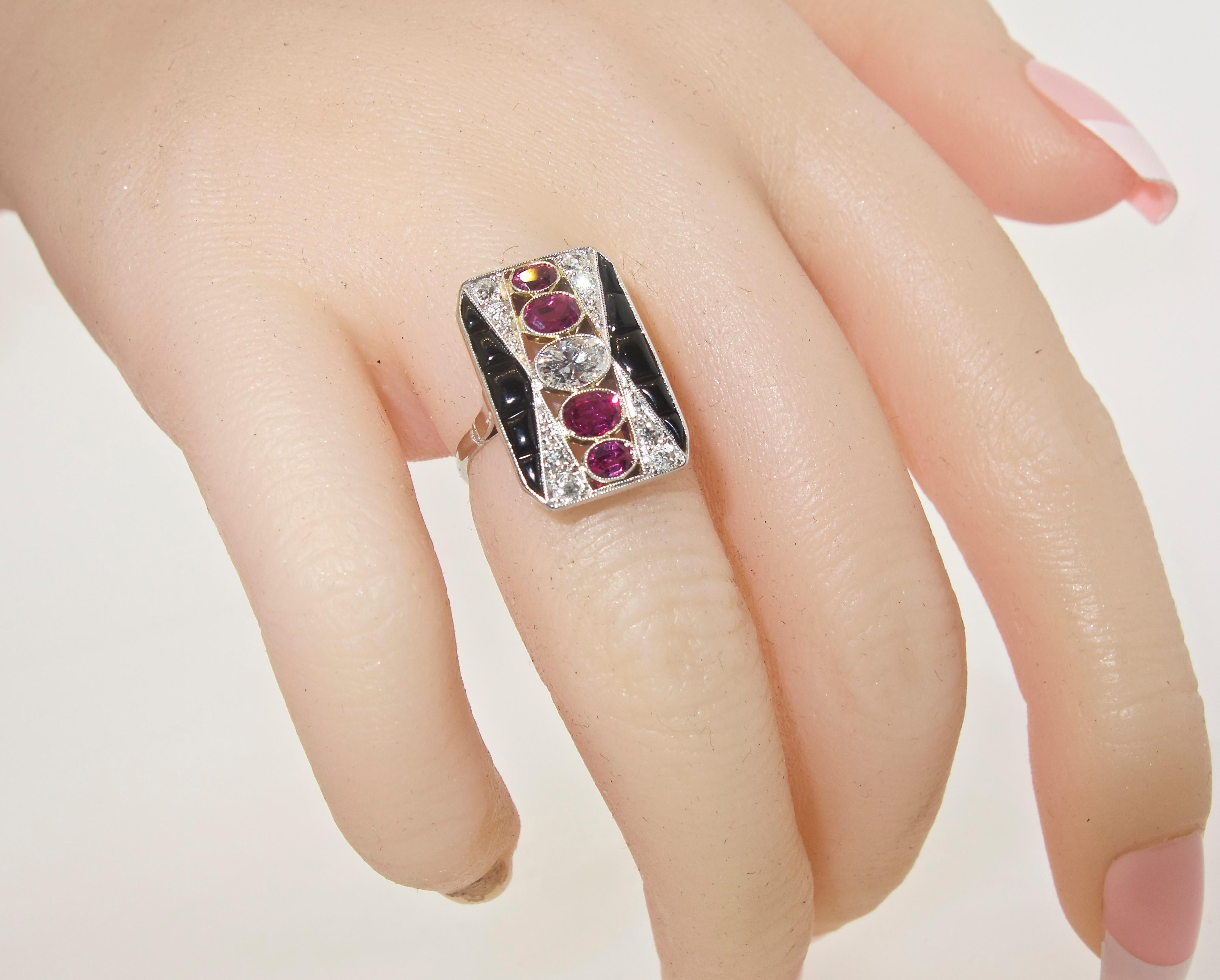 Art Deco Diamond, Ruby and Onyx Ring, circa 1920 4