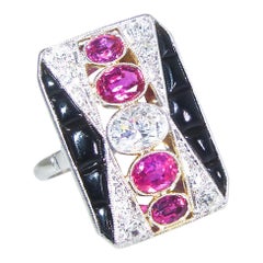 Art Deco Diamond, Ruby and Onyx Ring, circa 1920