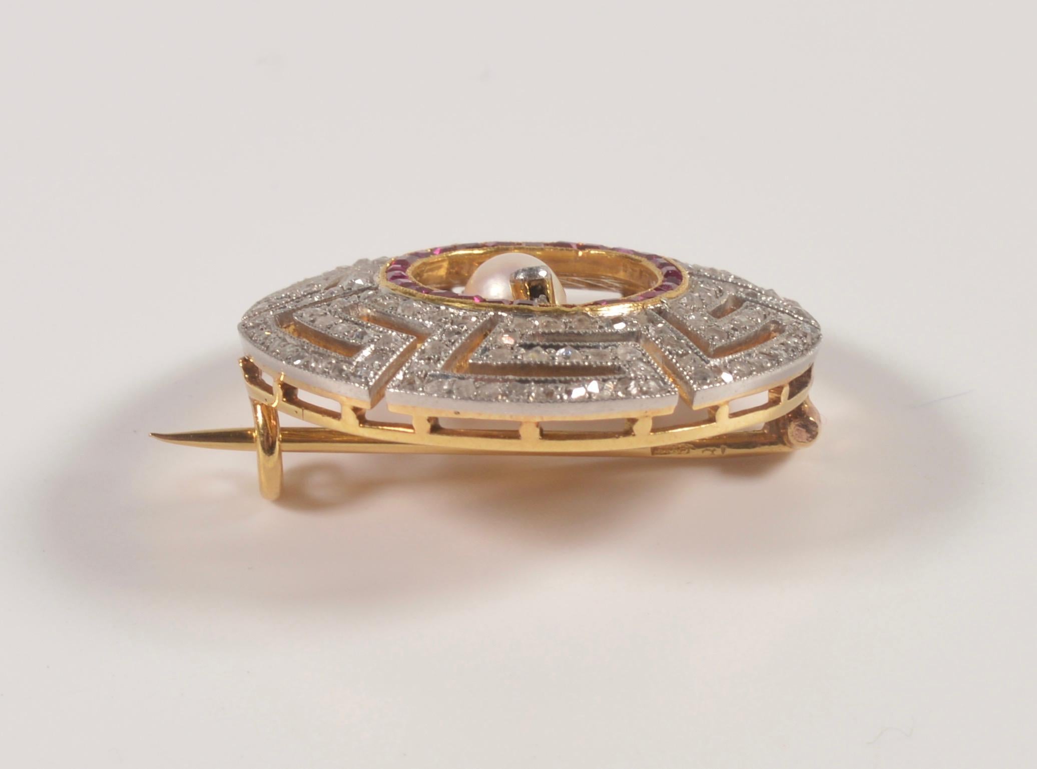 Women's Art Deco Diamond, Ruby and Pearl Geometric Brooch