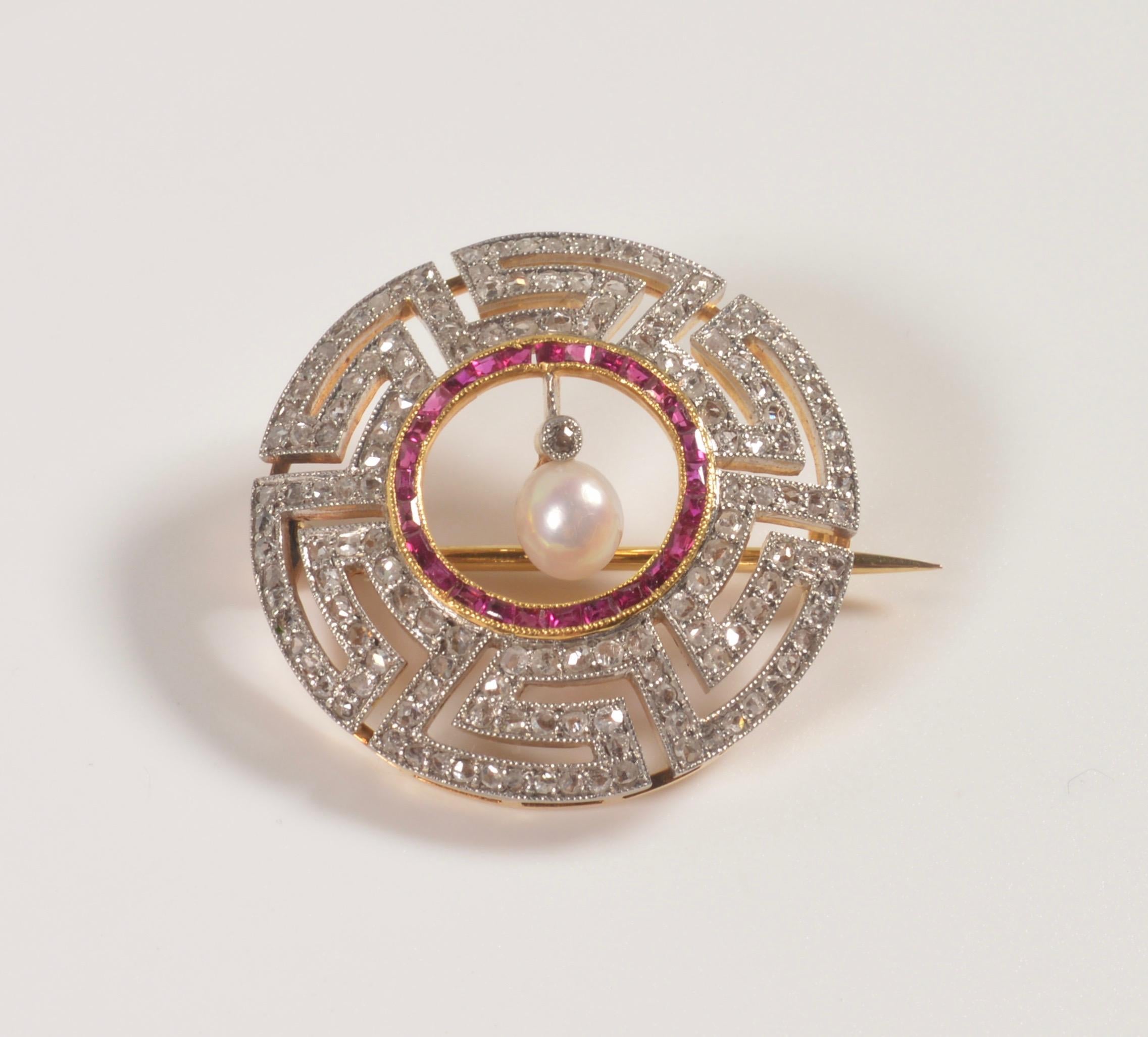 Art Deco Diamond, Ruby and Pearl Geometric Brooch 4