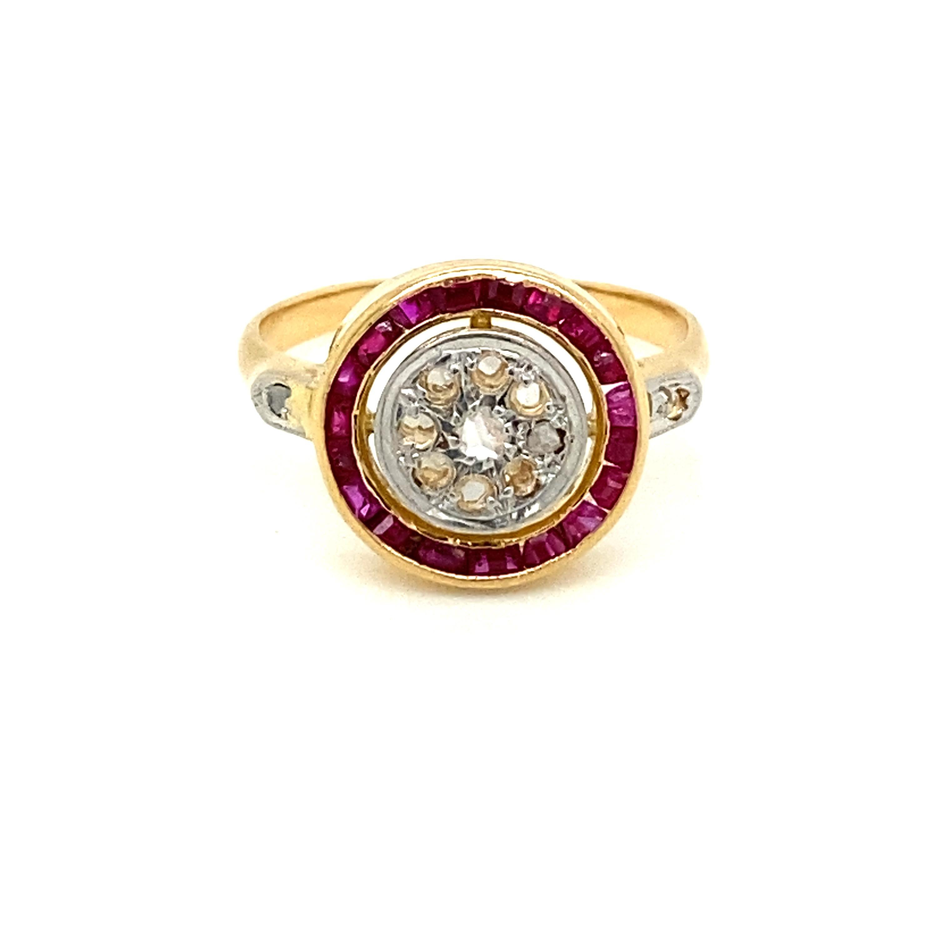 Pretty and authentic Art Deco cluster ring featuring rose cut Diamond and ruby custom cut. Entirely hand crafted in 14k gold, this beautiful ring dates to the 1930's.

CONDITION: Pre-owned - Excellent 10/10
METAL: 14k White Gold
DESIGN ERA: Art
