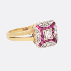 Art Deco Diamond Ruby Cushion Cluster Ring