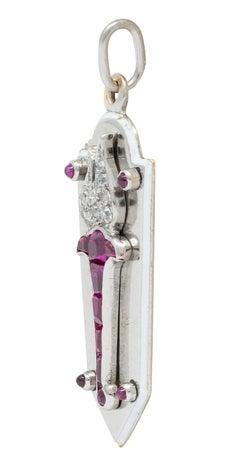 Art Deco Diamond Ruby Enamel 18 Karat White Gold Vintage Torch Charm