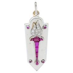 Art Deco Diamond Ruby Enamel 18 Karat White Gold Vintage Torch Charm