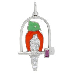 Art Deco Diamond Ruby Enamel Platinum Vintage Bird On A Swing Charm
