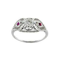 Art Deco Diamond Ruby Filigree Engagement Ring