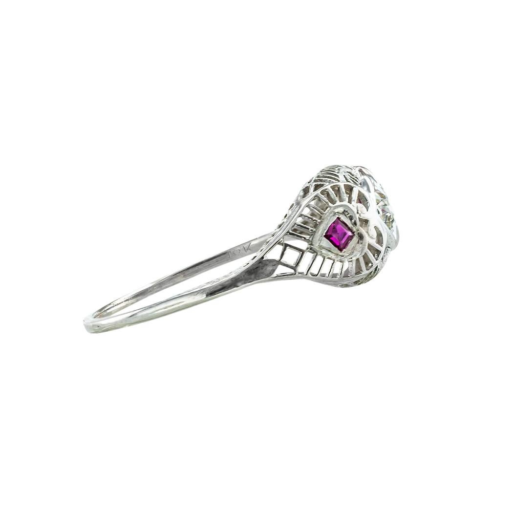 Mixed Cut Art Deco Diamond Ruby Filigree Engagement Ring