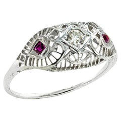 Art Deco Diamond Ruby Filigree Engagement Ring