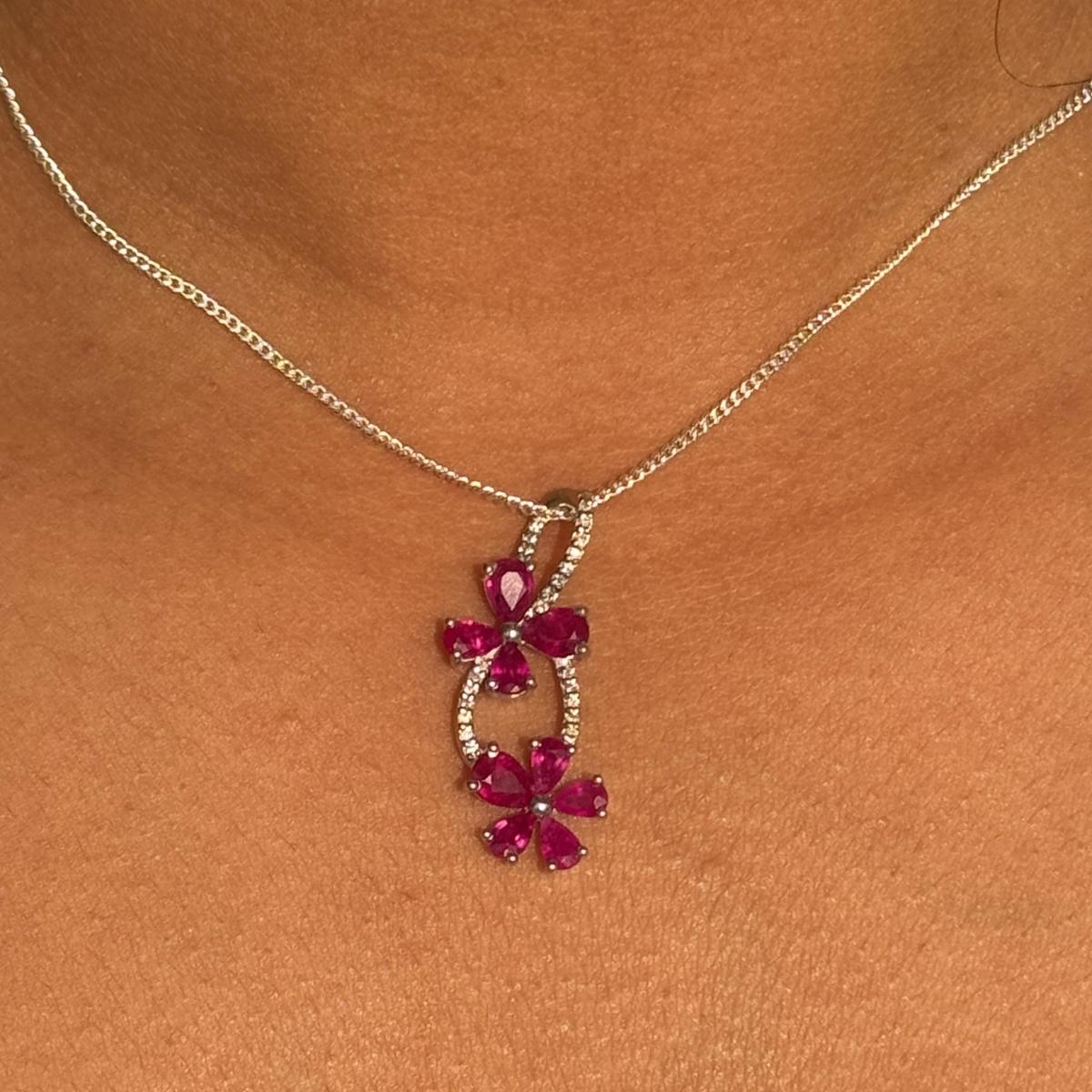 Women's Art Deco Diamond Ruby Floral Love Pendant in 925 Silver for Girlfriend Gift For Sale