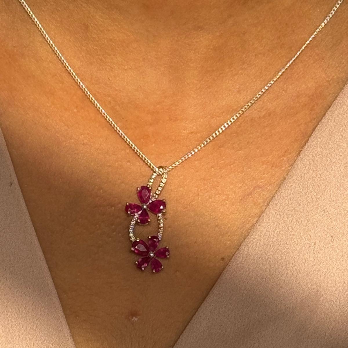 Art Deco Diamond Ruby Floral Love Pendant in 925 Silver for Girlfriend Gift For Sale 2