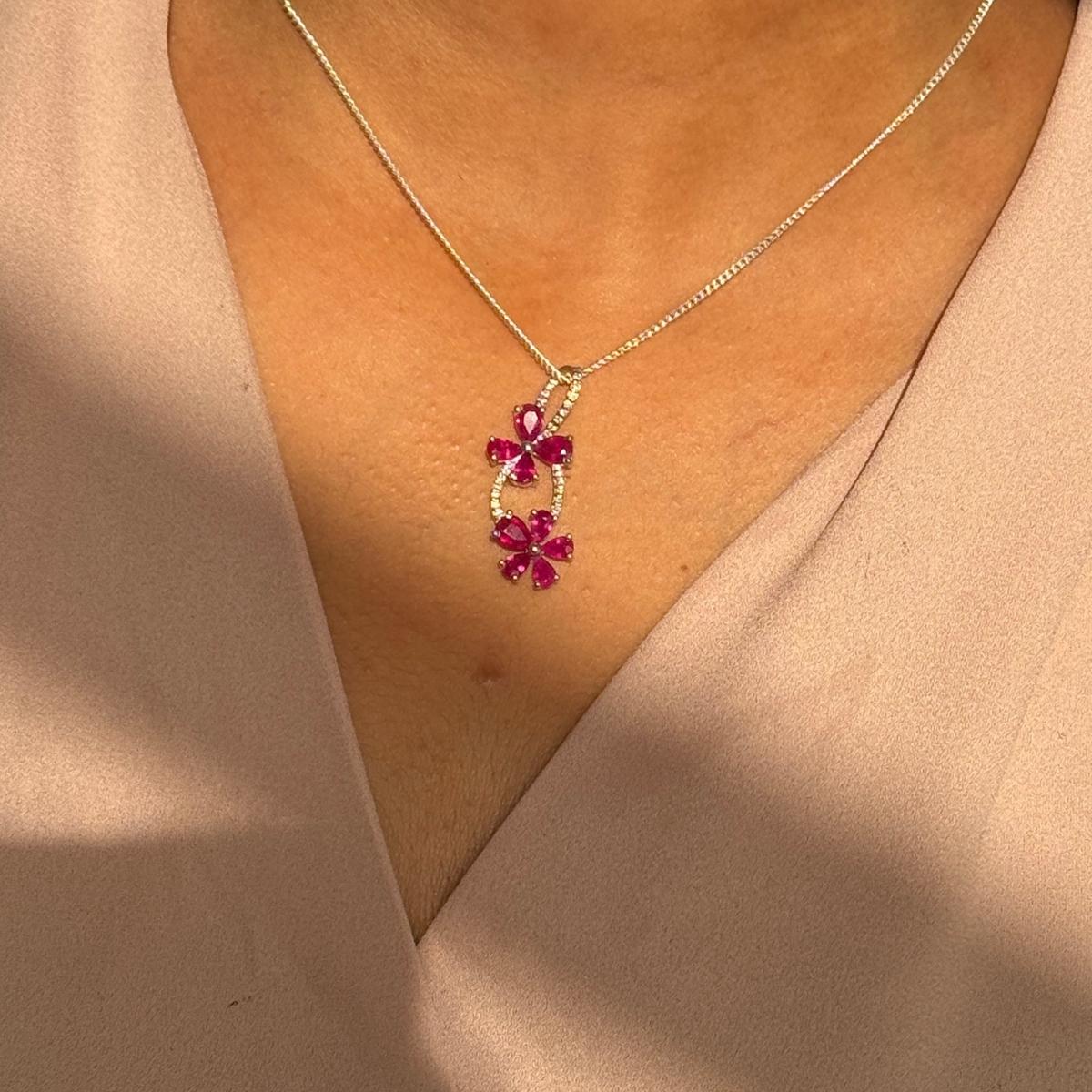 Pear Cut Art Deco Diamond Ruby Floral Love Pendant in 925 Silver for Girlfriend Gift For Sale