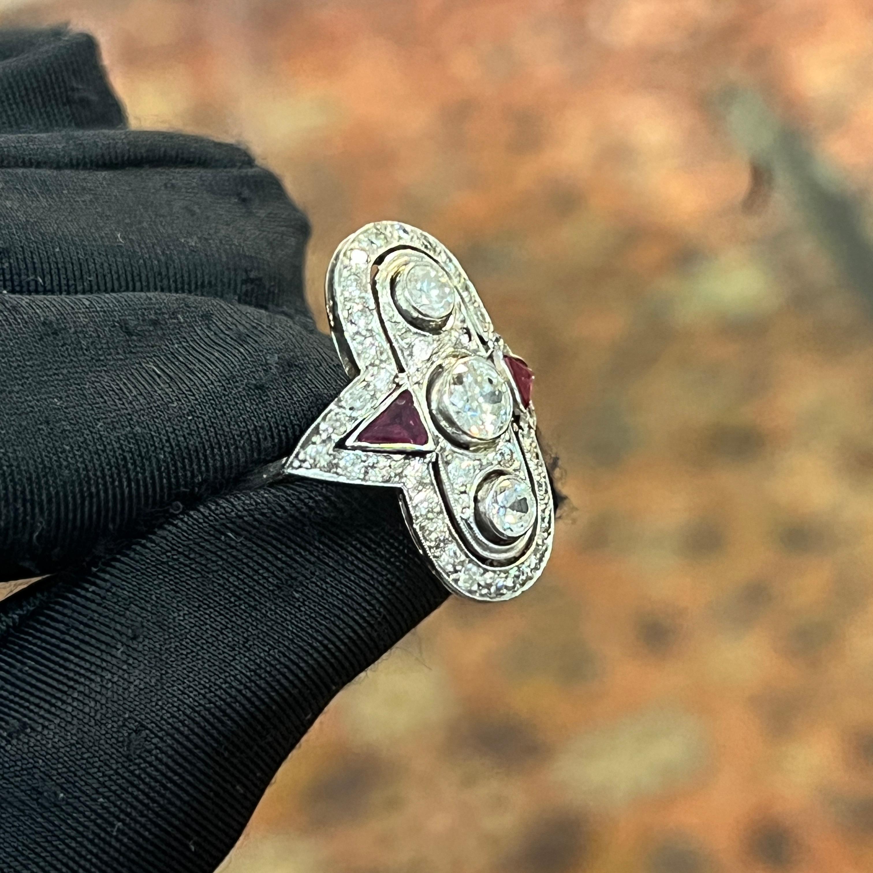 Mixed Cut Art Deco Diamond & Ruby Navette Ring For Sale