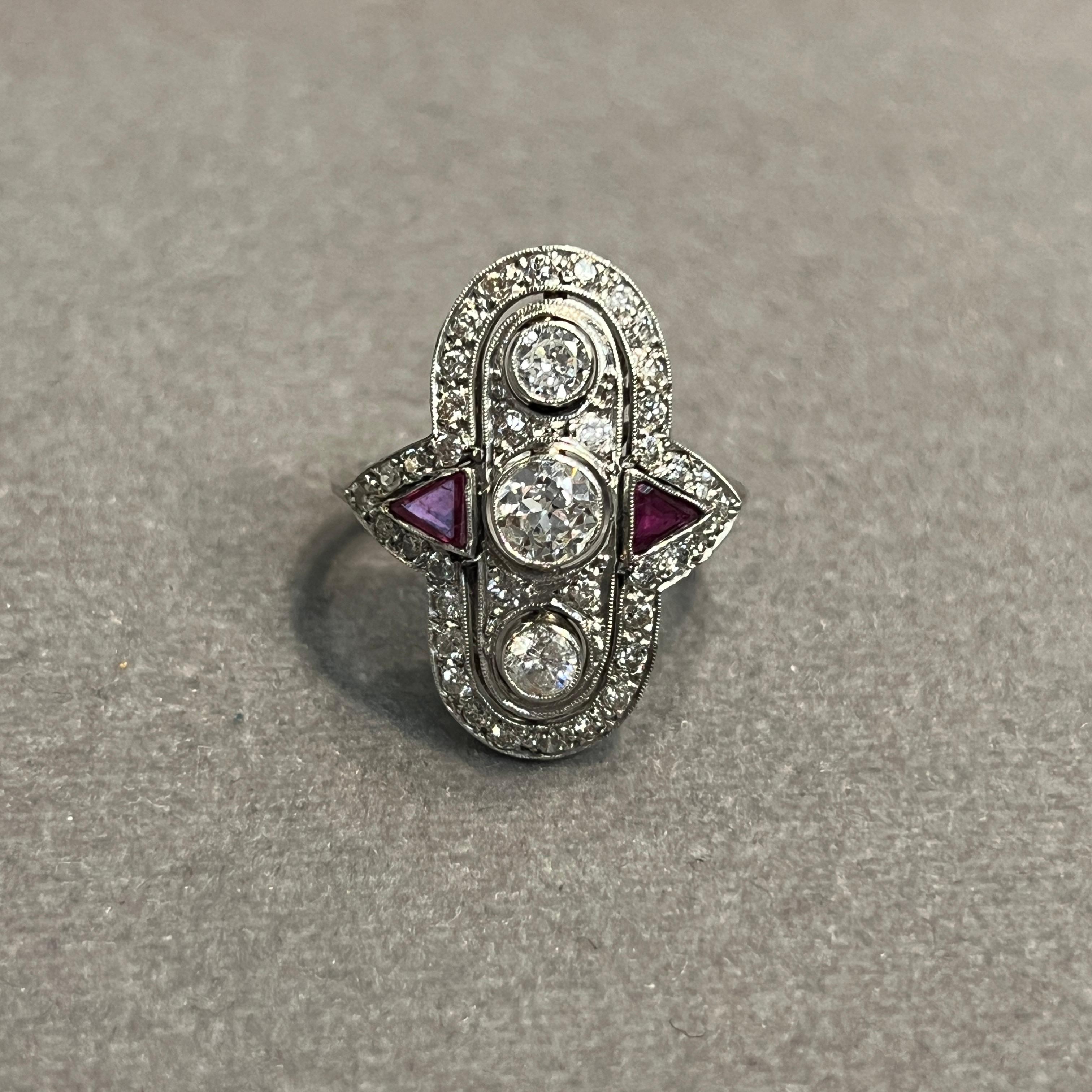 Art Deco Diamond & Ruby Navette Ring In Excellent Condition For Sale In New York, NY
