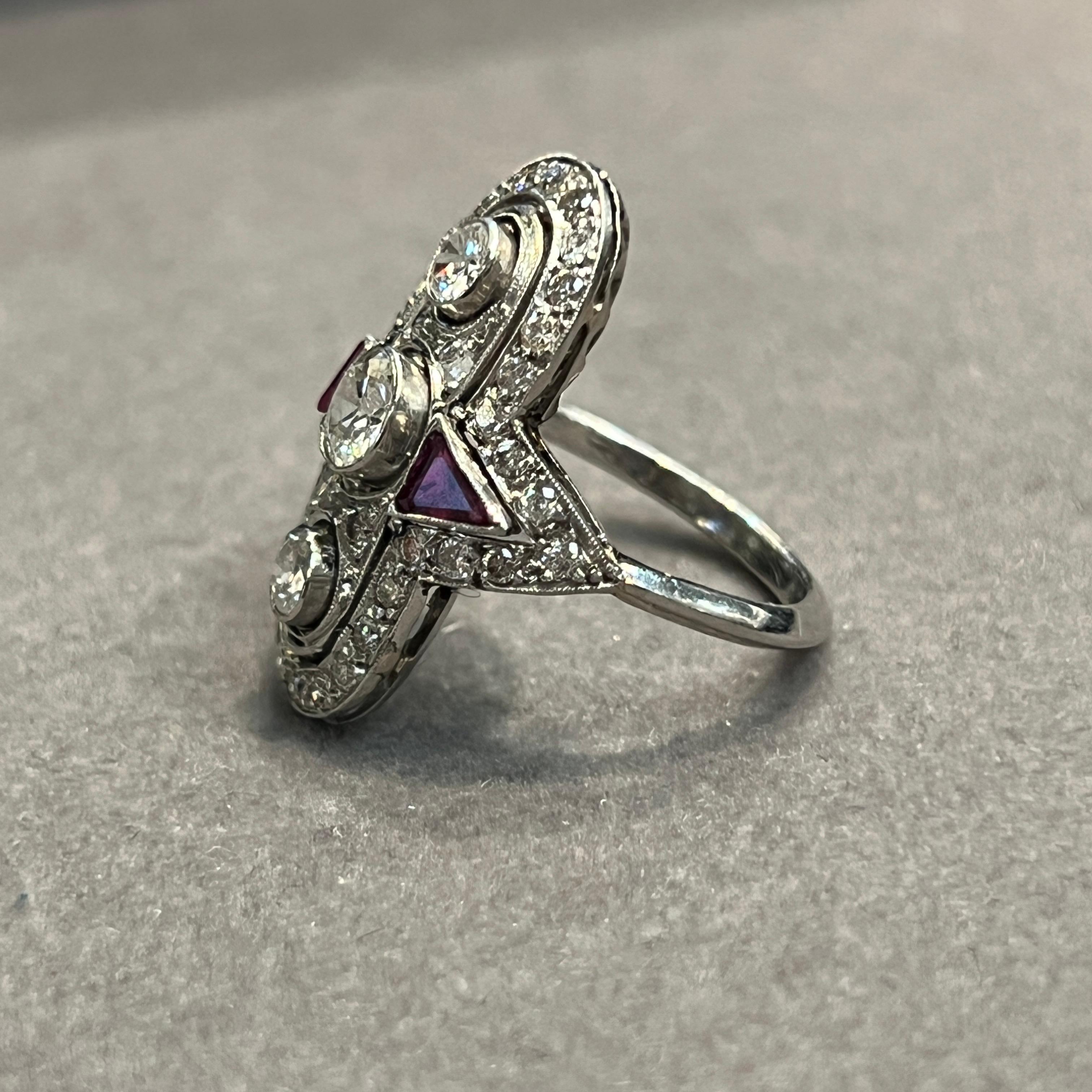 Women's Art Deco Diamond & Ruby Navette Ring For Sale