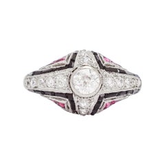 Art Deco Diamond Ruby Onyx Platinum Bombé Ring