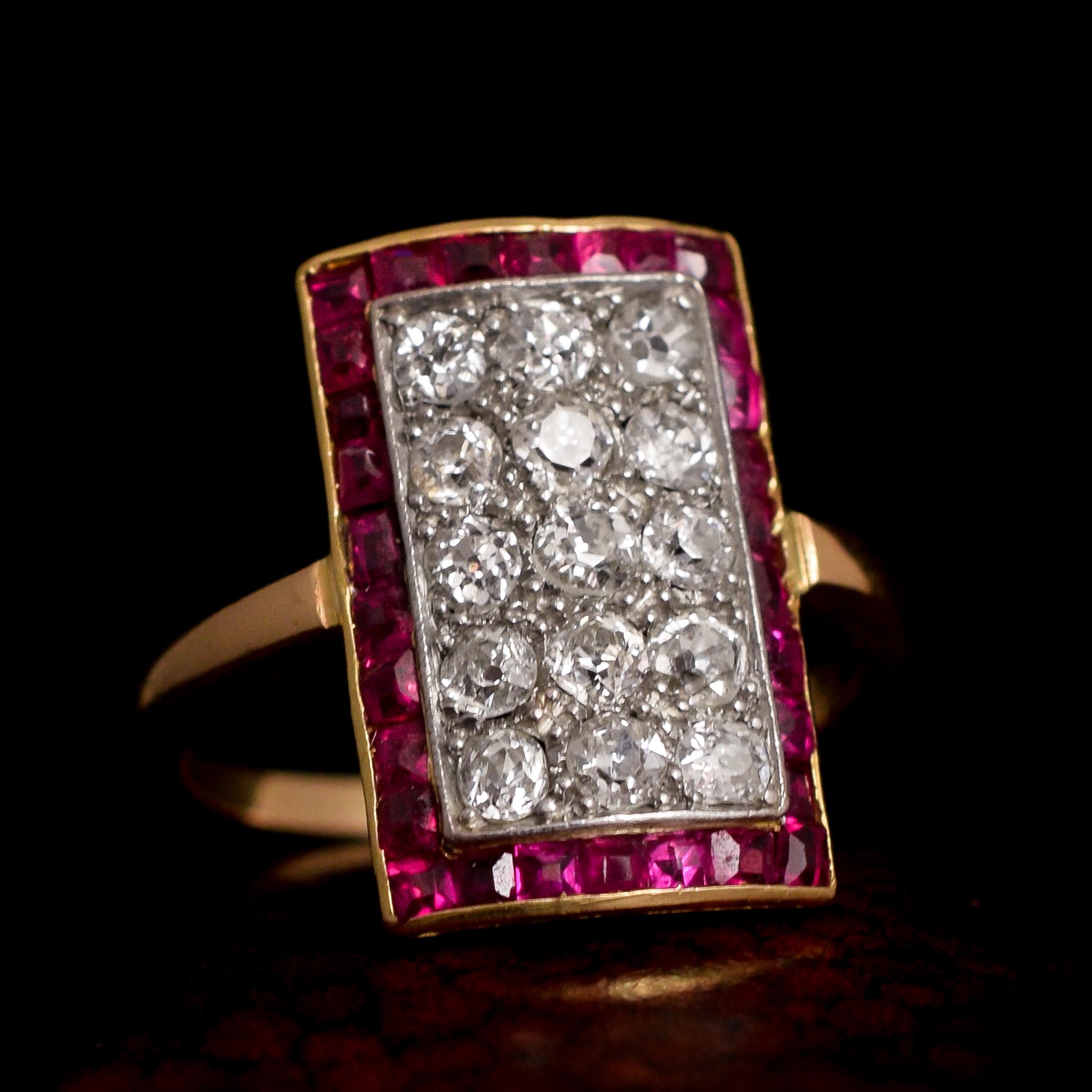 Art Deco Diamond Ruby Picture Frame Ring 3
