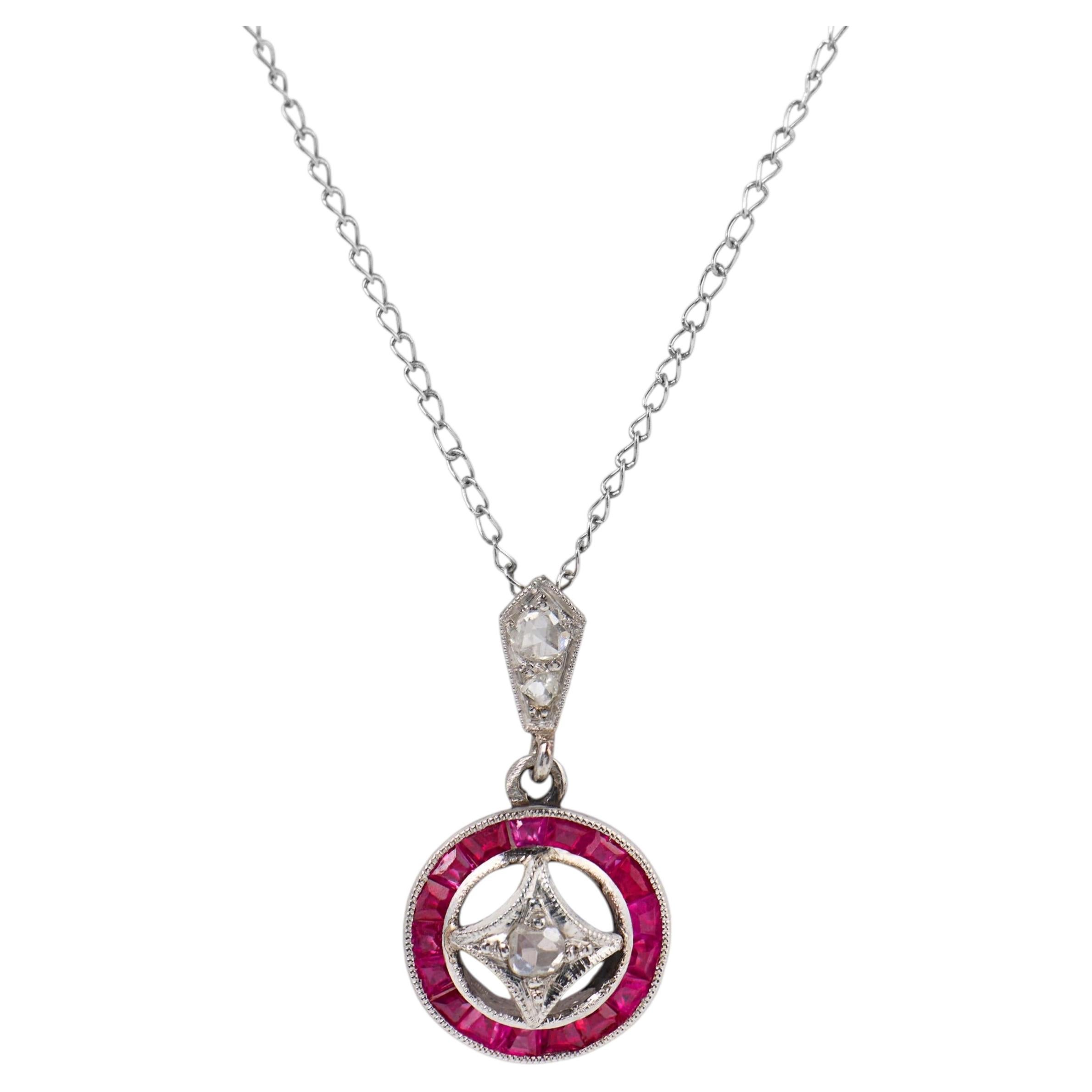 Art Deco diamond ruby platinum 14k white gold necklace