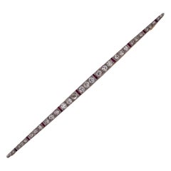 Art Deco Diamond Ruby Platinum 18 Karat Yellow Gold Bar Pin Brooch
