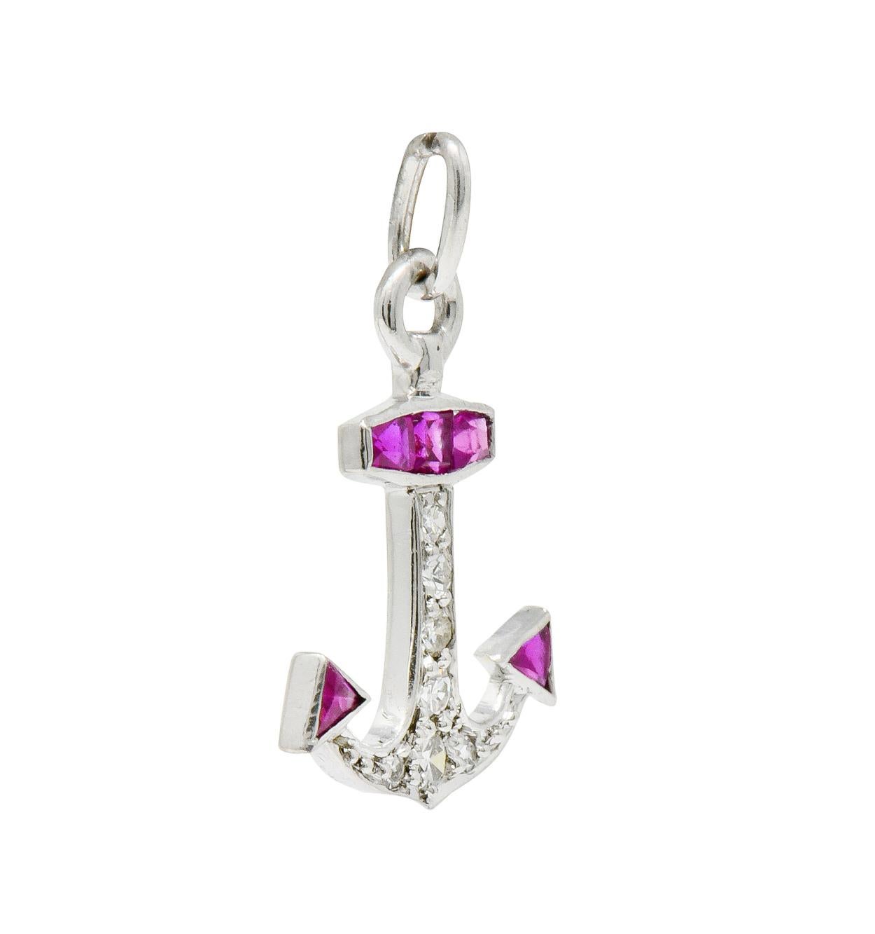 Art Deco Diamond Ruby Platinum Anchor Charm In Excellent Condition In Philadelphia, PA
