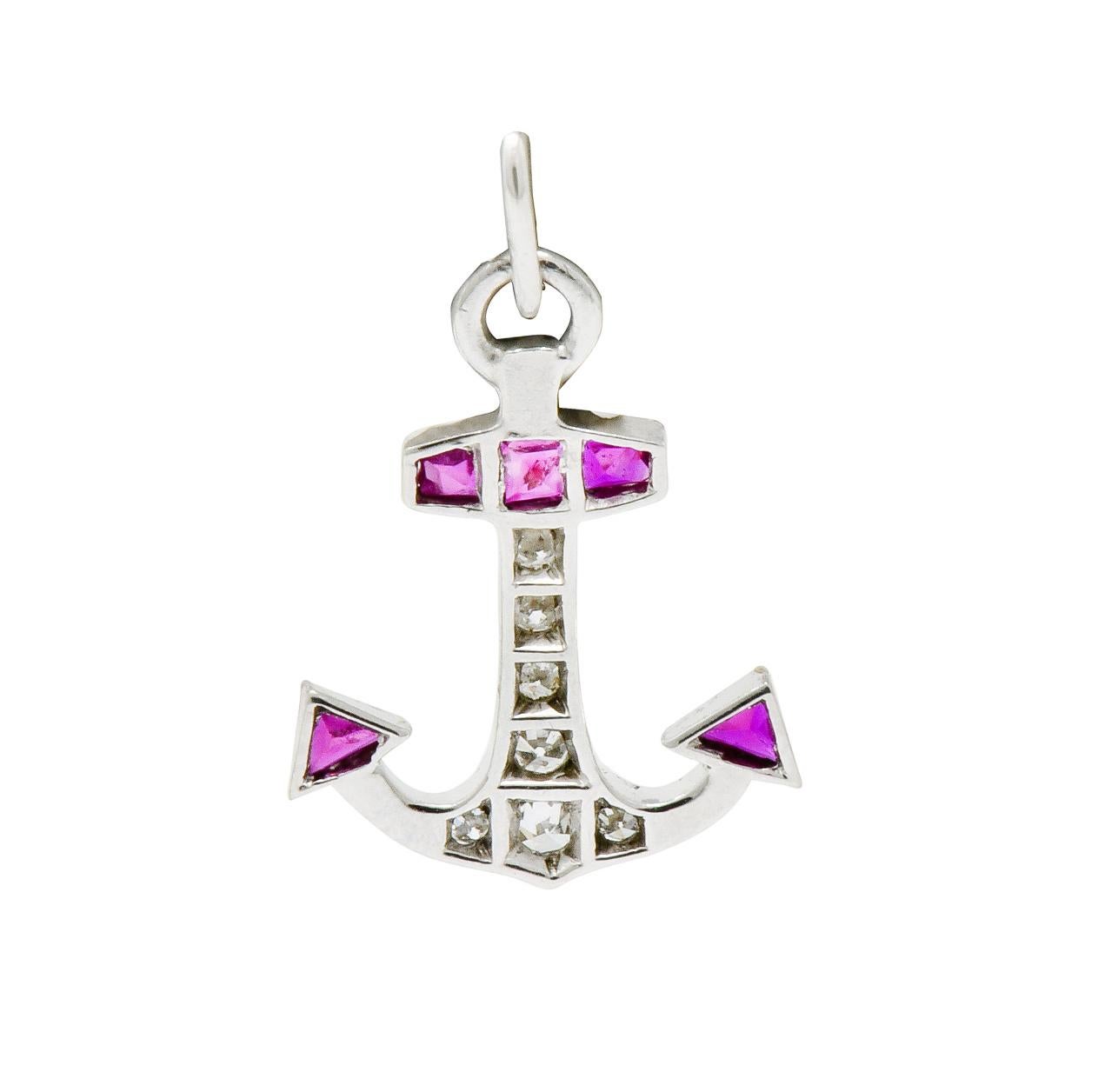 Women's or Men's Art Deco Diamond Ruby Platinum Anchor Charm