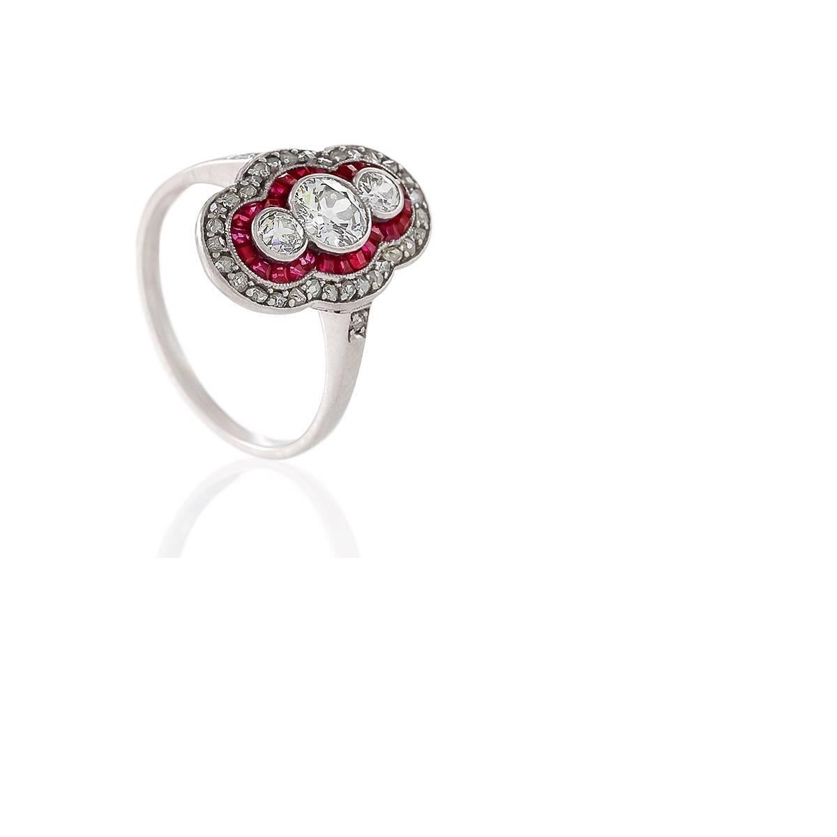 Old European Cut Art Deco Diamond Ruby Platinum and Gold Plaque Ring For Sale