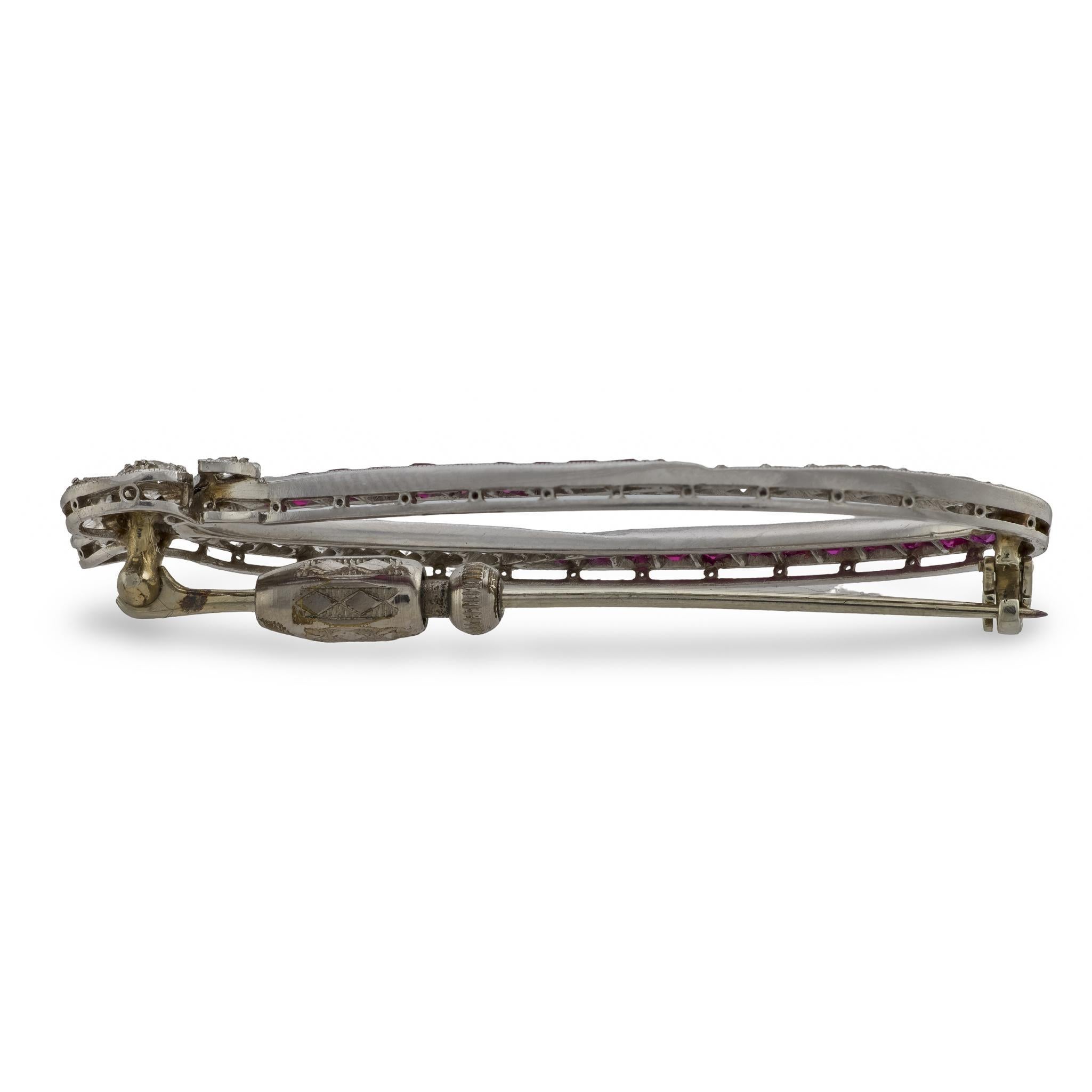 Old European Cut Art Deco diamond ruby platinum oval bow brooch For Sale