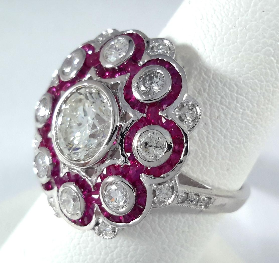Round Cut Art Deco Diamond & Ruby Platinum Ring For Sale