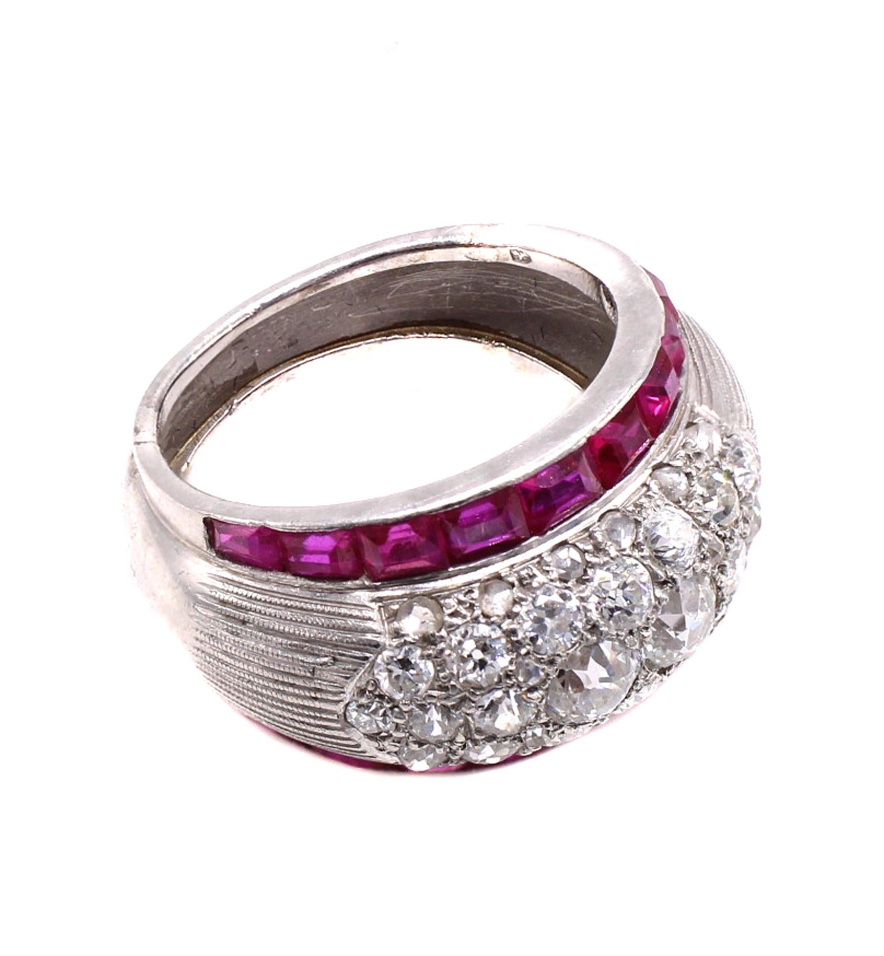 Mixed Cut Art Deco Diamond Ruby Platinum Ring For Sale